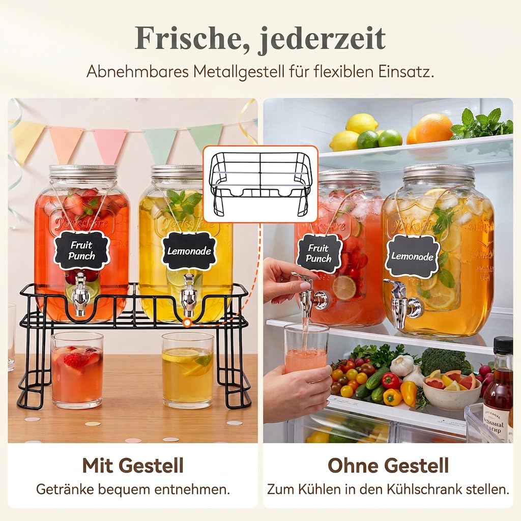 Lifewit 2x4L Getränkespender aus Glas mit Zapfhahn, Eiszylinder und Schild | Trinksäule mit Schild für Cocktail Bier Saft Wasser Tee Getränke, Limonadenspender mit Kühlung für Party Hochzeit Buffet