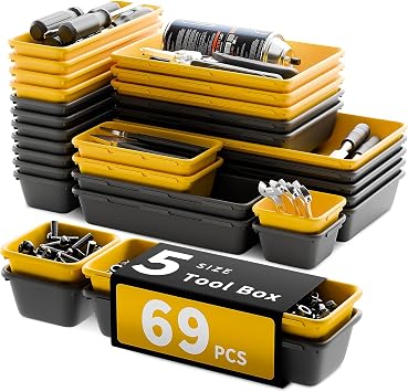 [5 Sizes] [69 PCS] Tool Drawer Organizer, Tool Box Tray, Desk Drawer Tray, Rolling Tool Chest, Toolbox Organzier Black+Yellow