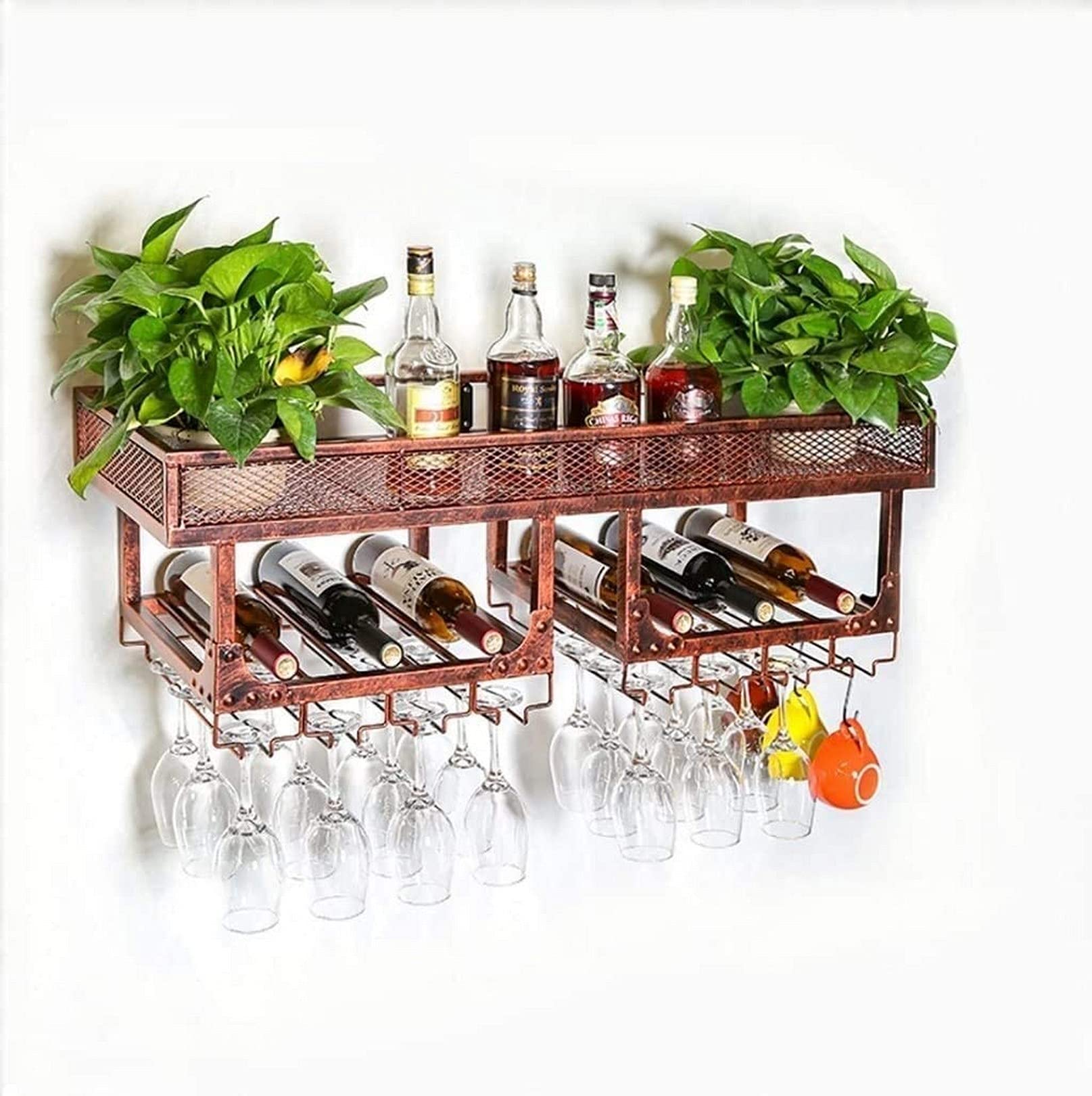 Casier à vin rouge suspendu avec porte-verre intégré pour optimiser l'espace du bar