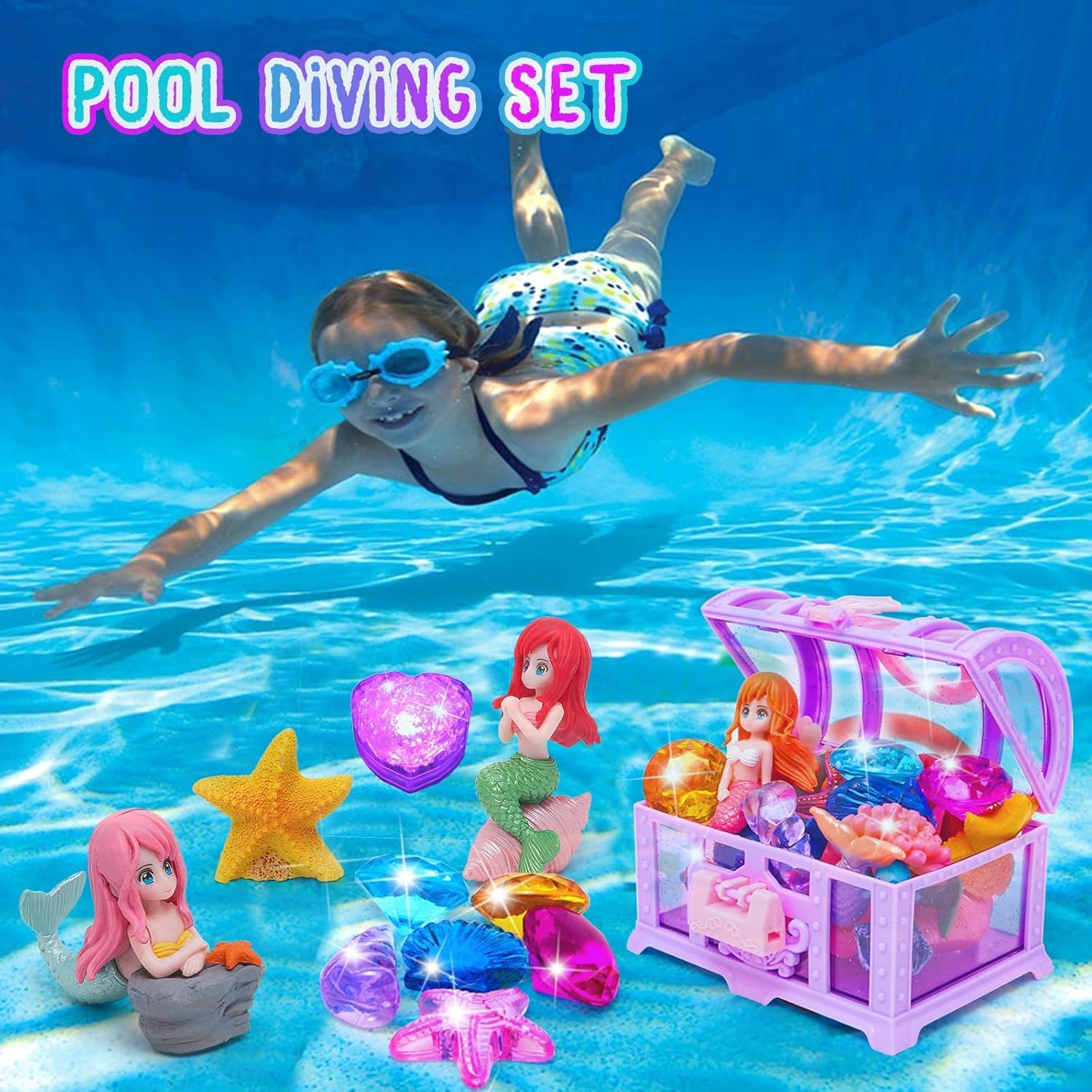 MAKINGTEC Diving Gem Pool Toys, Summer Pool Diving Swimming Toys for Kids Fun Swim Games Sinking Set Underwater Dive Gifts with Storage Box Include Gems Mermaid Toys