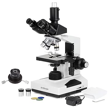 AmScope T490B-DK Compound Trinocular Microscope, WF10x and WF20x Eyepieces, 40X-2000X Magnification, Brightfield/Darkfield, Halogen Illumination, Abbe Condenser, Double-Layer Mechanical Stage