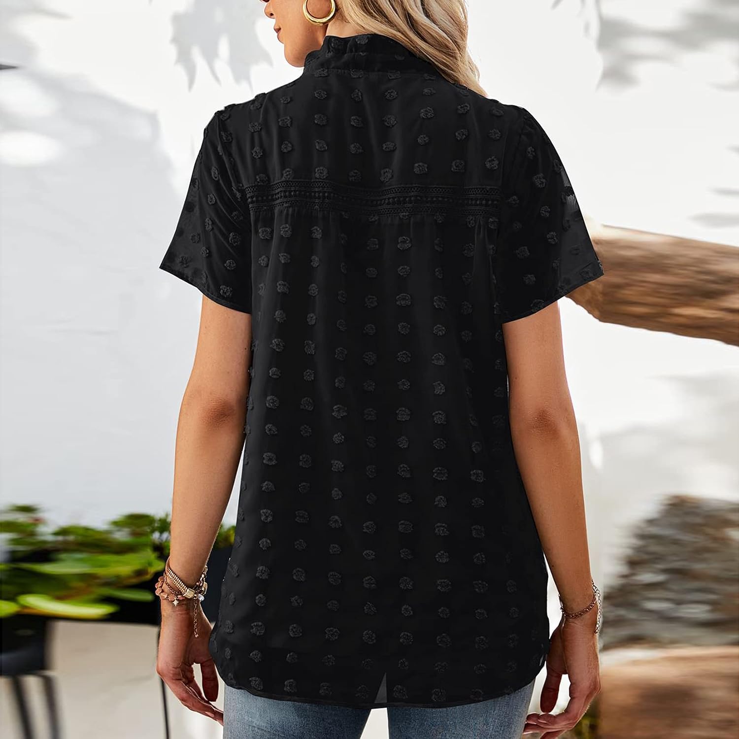 Lu's Chic Women's Short Sleeve Tops Polka Dot Shirts V Neck Blouse Cute Tunic Ruffle Casual Soft