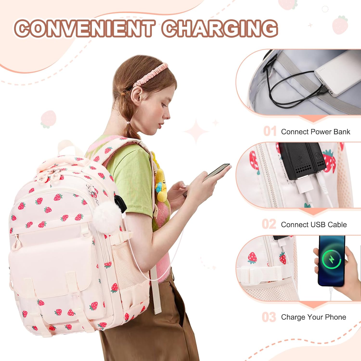 Backpack for Girls, 3PCS Girls Backpack for School with Lunch Bag Pencil Case, Kids Bookbag Kindergarten Elementary Middle School Bag with USB Charging Port - Image 6