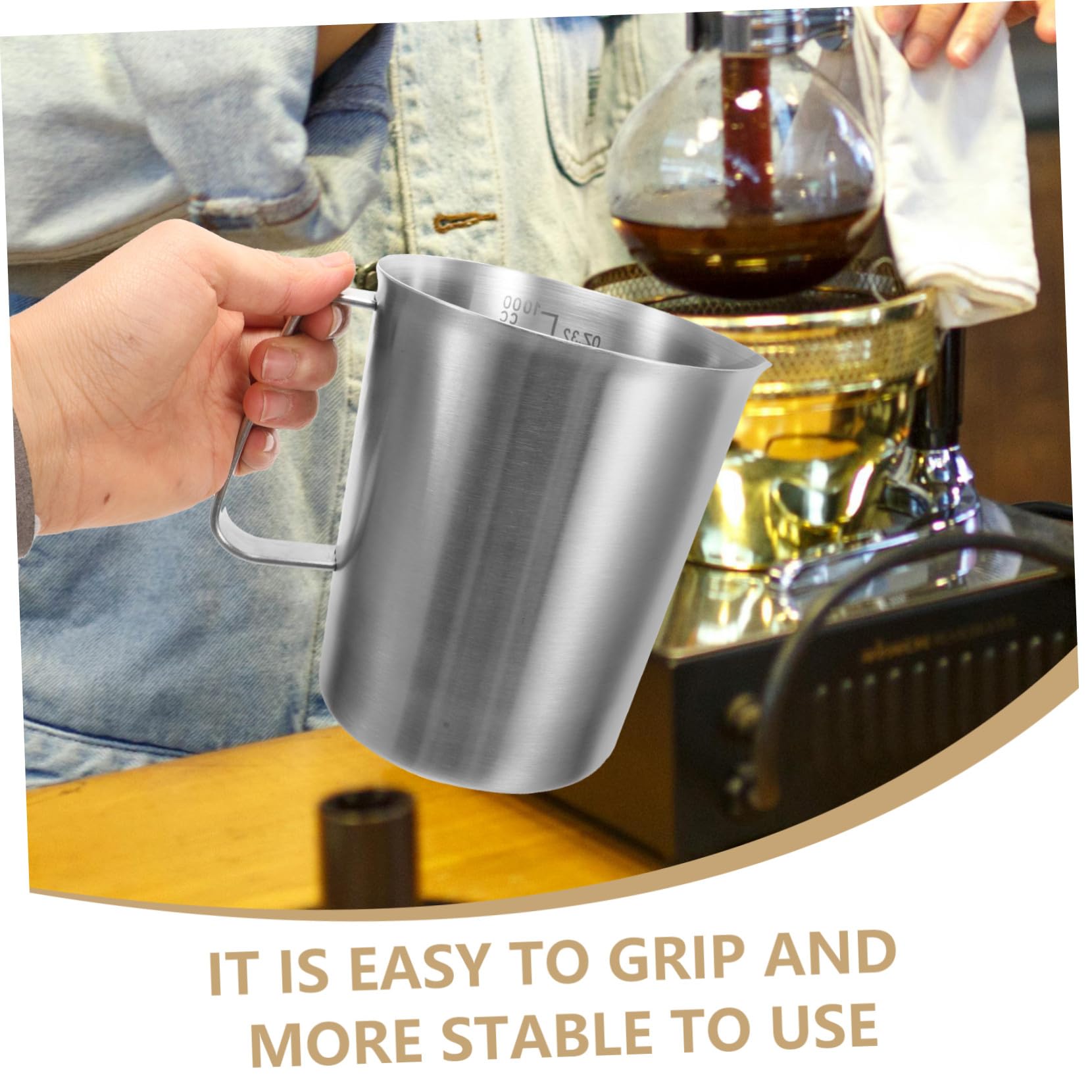 Jarra Medidora de Acero Inoxidable de 1000ml Asa y Vertedor Único para Espumar Leche y Preparar Latte-art Mediciones Precisas