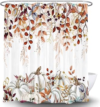 Fall Pumpkin Shower Curtain, Watercolor Autumn Thanksgiving Pumpkins Eucalyptus Leaves Shower Curtains Set with Hooks, Orange Waterproof FabricBathroom Decor Home Accessories,60X 70 Inch