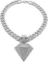 CBC Crown Rhinestone Studded Diamond Shape Pendant Necklace in 18"/20"/24" Rhinestone Miami Cuban Chain Necklace in Gold or Silver Tone