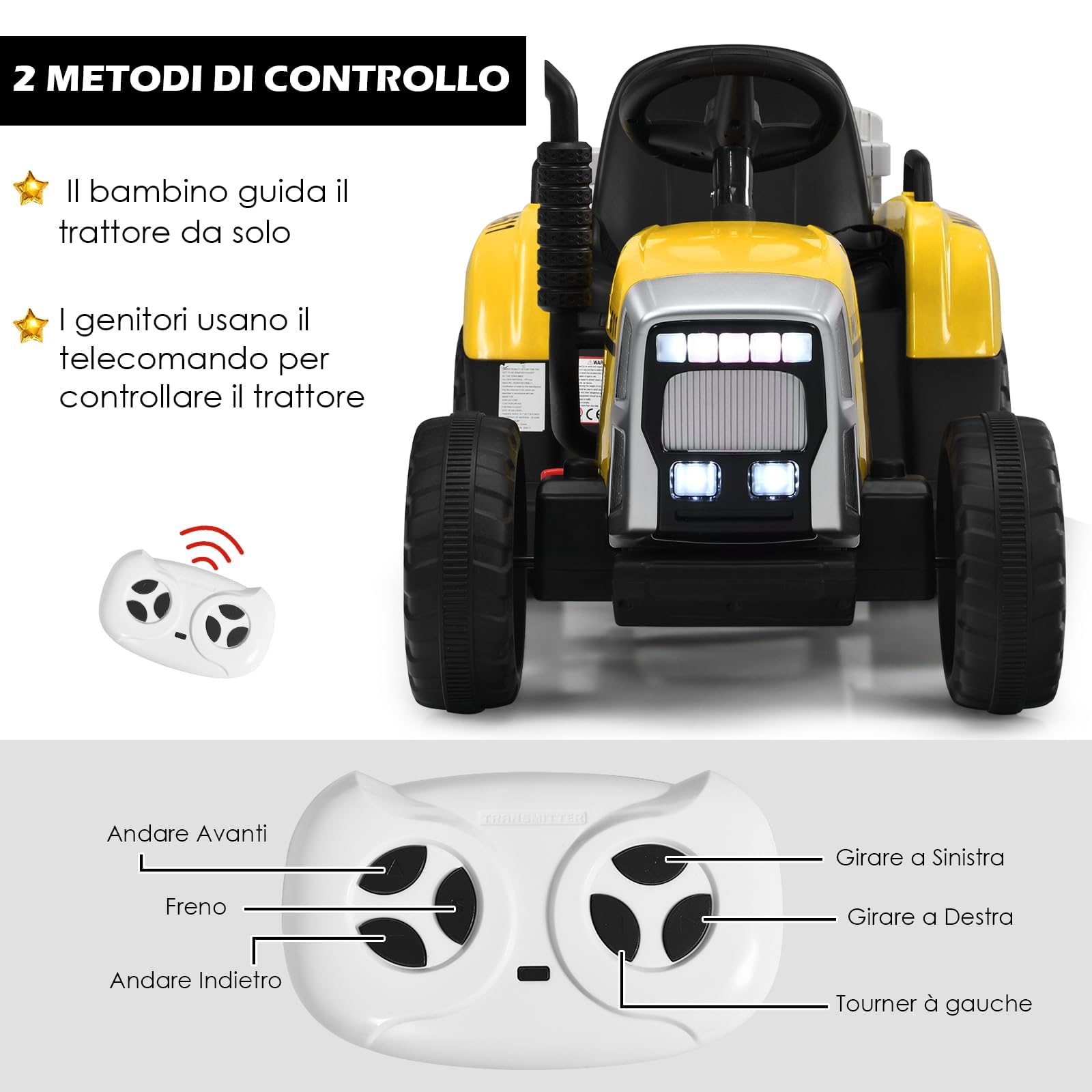 RELAX4LIFE Trattore Elettrico per Bambini 12V con Rimorchio Rimovibile, Telecomandato, 3 Velocità, Luce, Suoni, Musica, Clacson, USB,Portata 30 KG, 3 Anni+ (GIALLO)