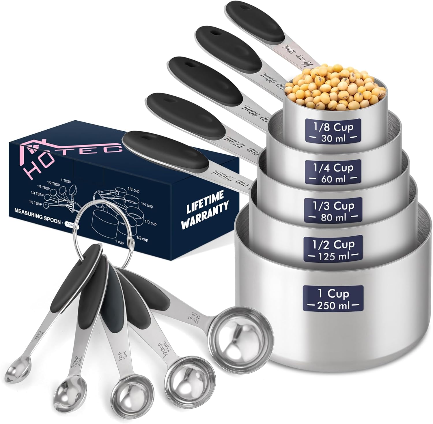 HOTEC 10-PACK Measuring Cups and Spoons Set, Kitchen Gadagets Cooking Baking,Heavy Duty & Dishwasher Safe for Dry and Liquid Ingredients,Black