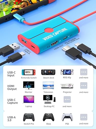 Miniatura 2 de Lemorele Tarjeta de captura de video USB 3.0 con salida HDMI, transmisión en vivo y grabación de 1080P 60Hz, carga PD de 100 W, Plug & Play para