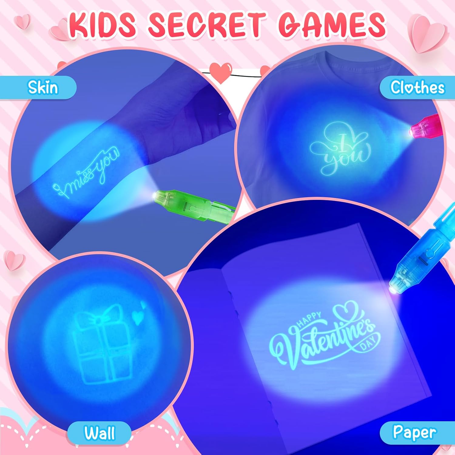28 Pack Valentine Invisible Ink Pens with Greeting Cards, Valentines Day Gifts for Kids Classroom Exchange, Magic Pen with UV Light for Secret Message, Valentines Cards for Kids Valentine Party Favors