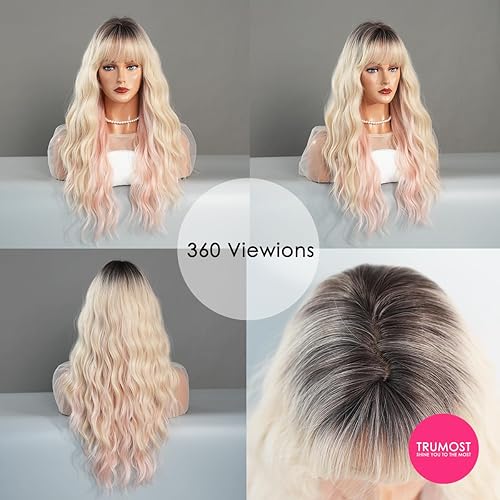 Miniatura 10 de Peluca larga negra ondulada para mujer, peluca sintética de color oscuro con flequillo, resistente al calor, peluca ondulada de aspecto natural sin