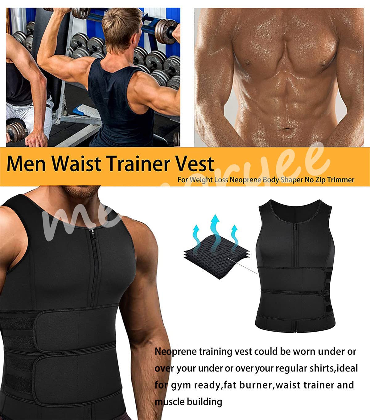 Memoryee Homme Sweat Gilet Néoprène Entraînement Chemise Corps Shaper Sauna Costume Taille Formateur Sport Fitness Fermeture Éclair Débardeur