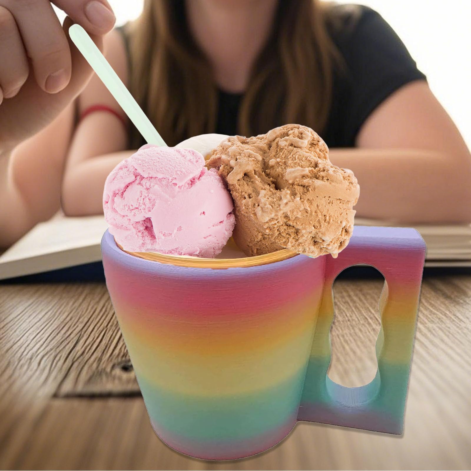 Porta gelato con scomparto per cucchiaio, riutilizzabile, stampato in 3D, comodo con cucchiaio e manico antigelo, a prova di perdite, comodo supporto per yogurt e congelati (blu