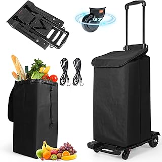 Folding Utility Shopping Cart Rolling Crate Heavy Duty 80Kg/176Lbs Hand Truck with Rotate 4 Wheels Removable Waterproof Bag Telescoping Handle 2Bungee Cord for Grocery Laundry Travel Office(Black+Bag)