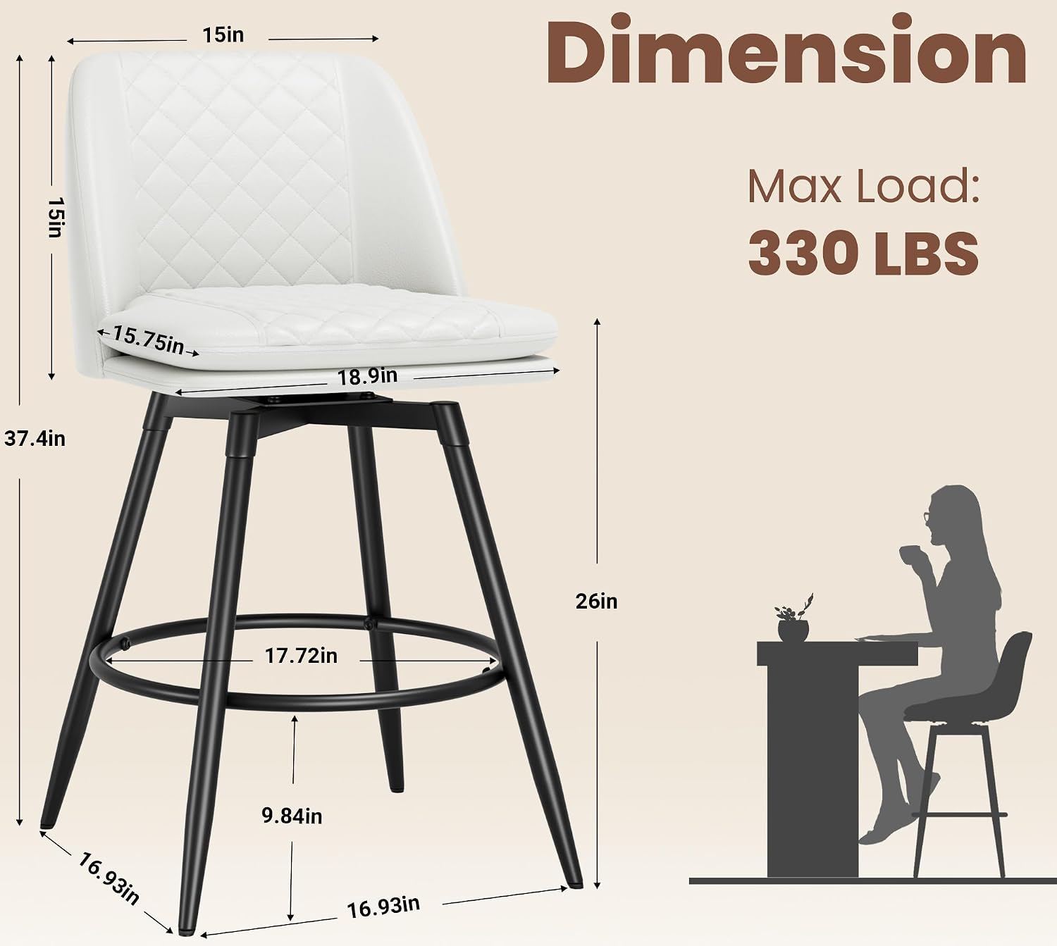 REONEY Bar Stools Set of 2, 26 Inch Counter Height Barstools with Back, 360° Swivel Modern Bar Chairs Double-Layer Upholstered Faux Leather with Metal Footrest for Home Kitchen Island, Café, White