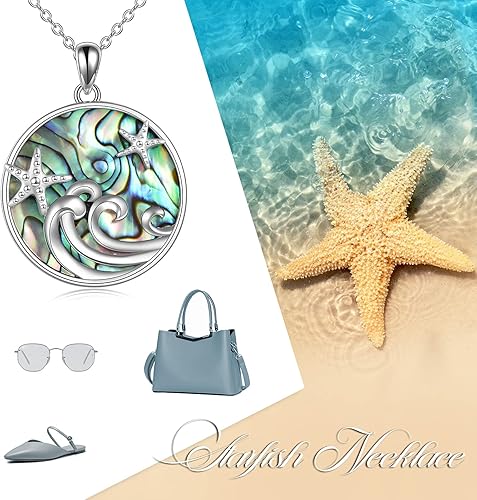 Miniatura 6 de CRMAD Collar de playa oceánica para mujer, plata de ley, estrellas de mar con ondas de mar, regalos de joyería
