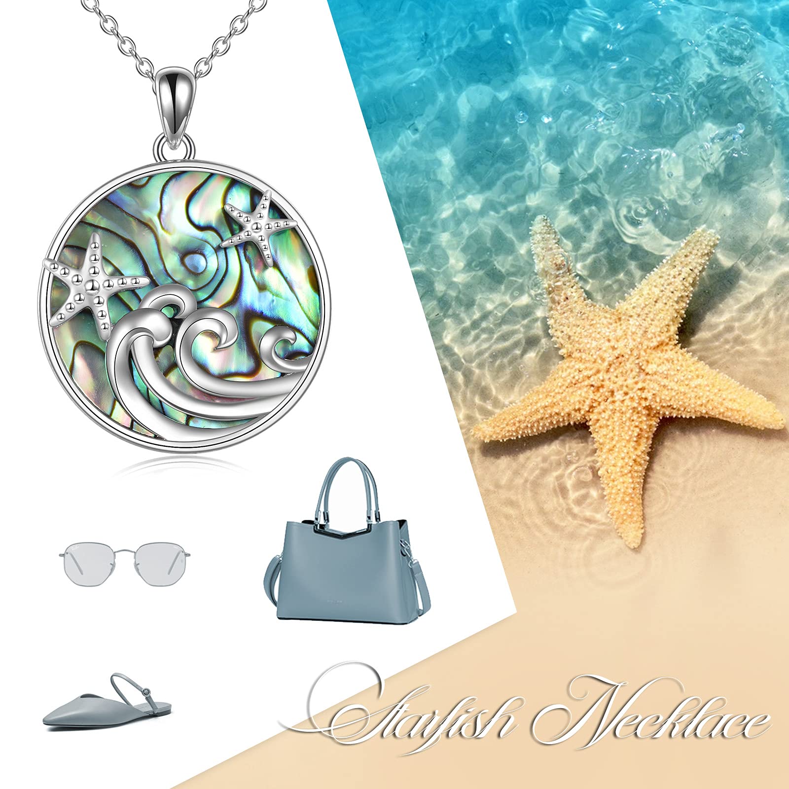 YFN Collar de estrella de mar para mujer, plata de ley, colgante de ola oceánica, regalo para niñas