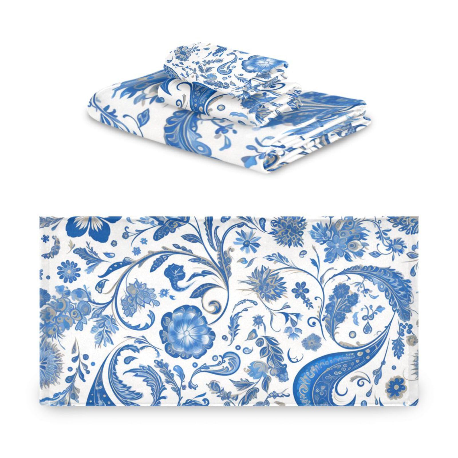 Set di 3 asciugamani da viso vintage blu con motivo floreale ad asciugatura rapida, 1 asciugamano da bagno, 1 asciugamano per le mani, 1 panno per la casa, cucina e famiglia