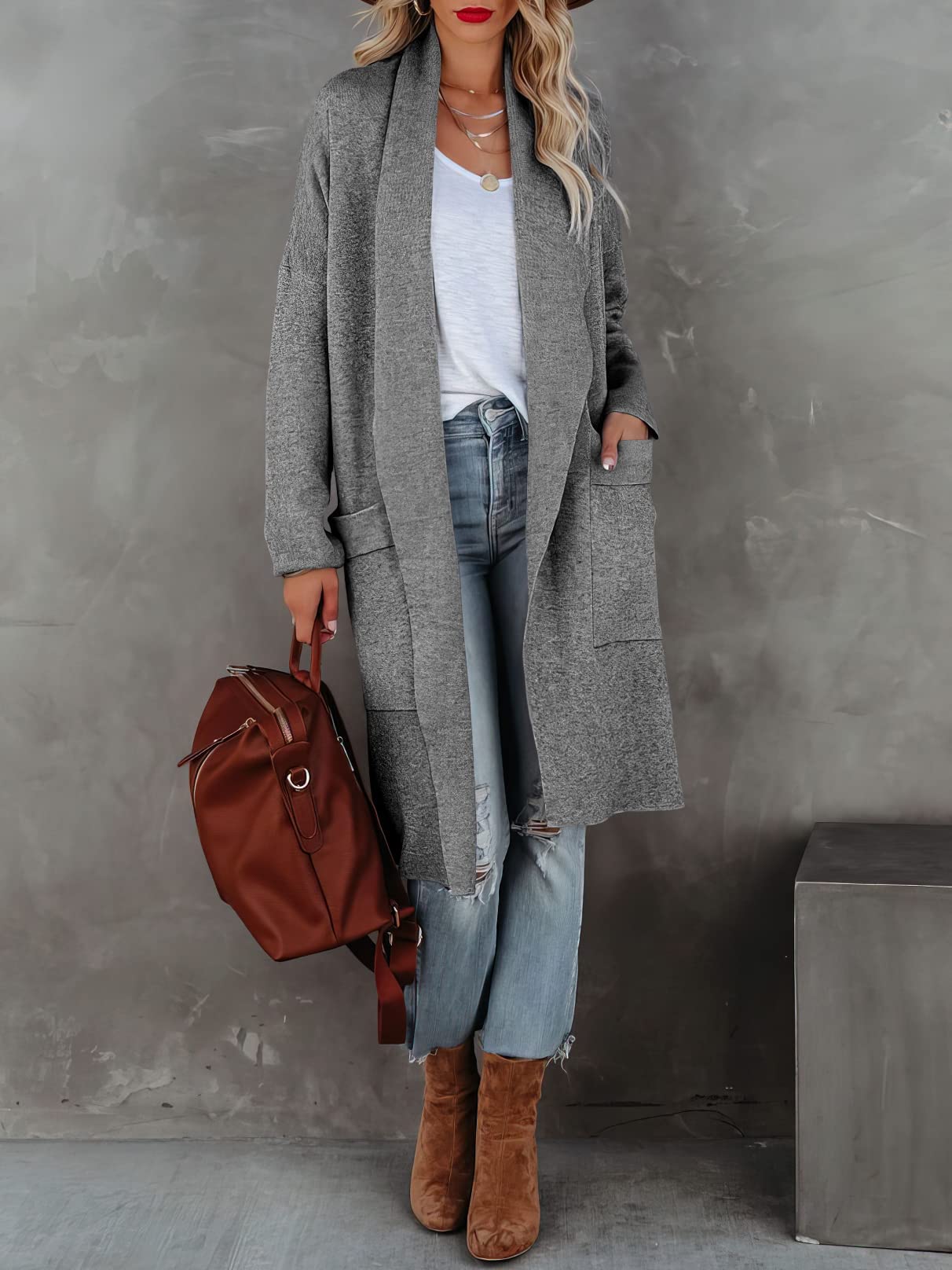 kinstell Cárdigan Largo de Punto para Mujer, Casual, de Manga Larga, con Parte Delantera Abierta, drapeado, con Bolsillos