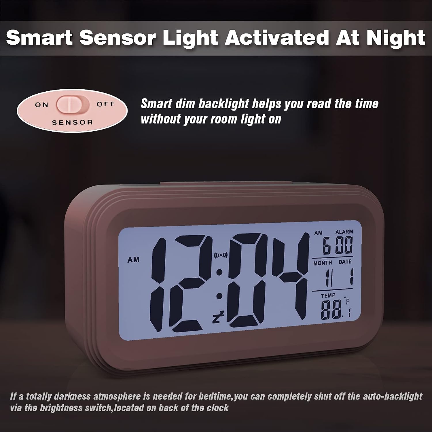 AYRELY Battery Operated Cordless Digital Alarm Clock with Date,Temperature,Smart Sensor Light,12/24Hr,Snooze for Bedrooms,Office,Heavy Sleepers,Kids,Girls (Pink)
