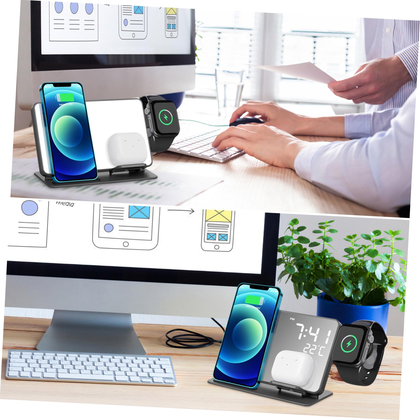 Station de Charge sans Fil Multifonction avec Réveil Numérique LED et Affichage Température Support Rapide Compatible pour Téléphone Montre Connectée et Écouteurs Bureau et Maison