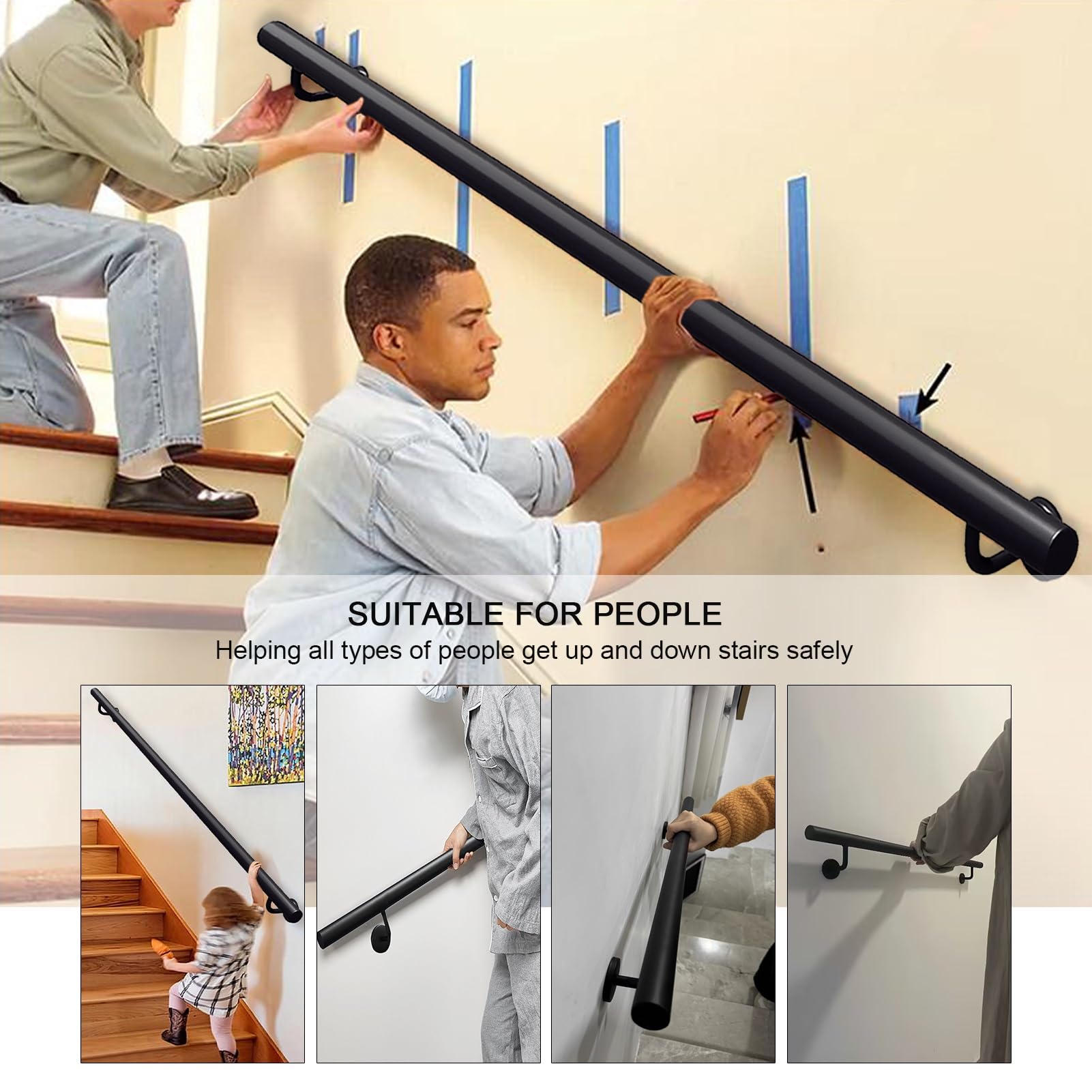 MARXAN Modernes Treppengeländer aus Eisenrohr, Industrietreppengeländer, Treppengeländerhandläufe mit Wandhalterungen und Metallschrauben, rutschfeste Loft-Treppengeländer-Korridor-Stützstange(150cm)
