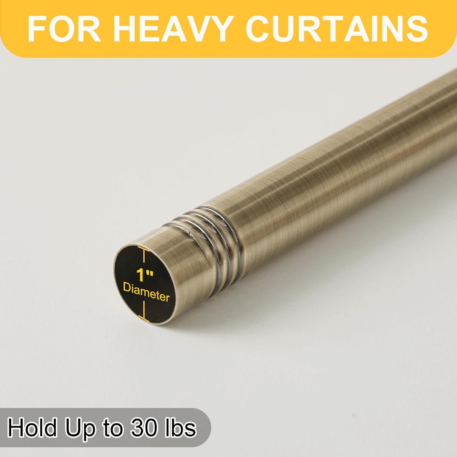 RYB HOME Brass Curtain Rod for Windows 72 to 144" Long, 1 inch Diameter, Metal Single Adjustable Telescoping Curtain Pole with Leaf Design Finish for Living Room Bedroom, Antique Brass