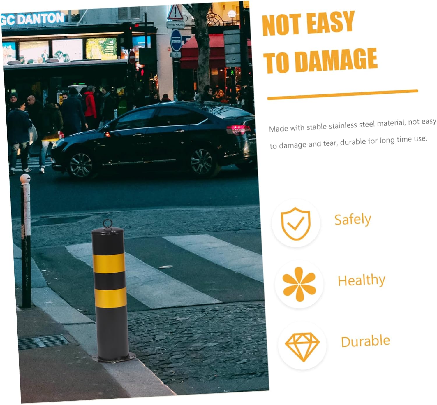 Cabilock Parking Bollard 50cm Black Yellow Driveway Barrier Long-lasting Stainless Steel Traffic Cone