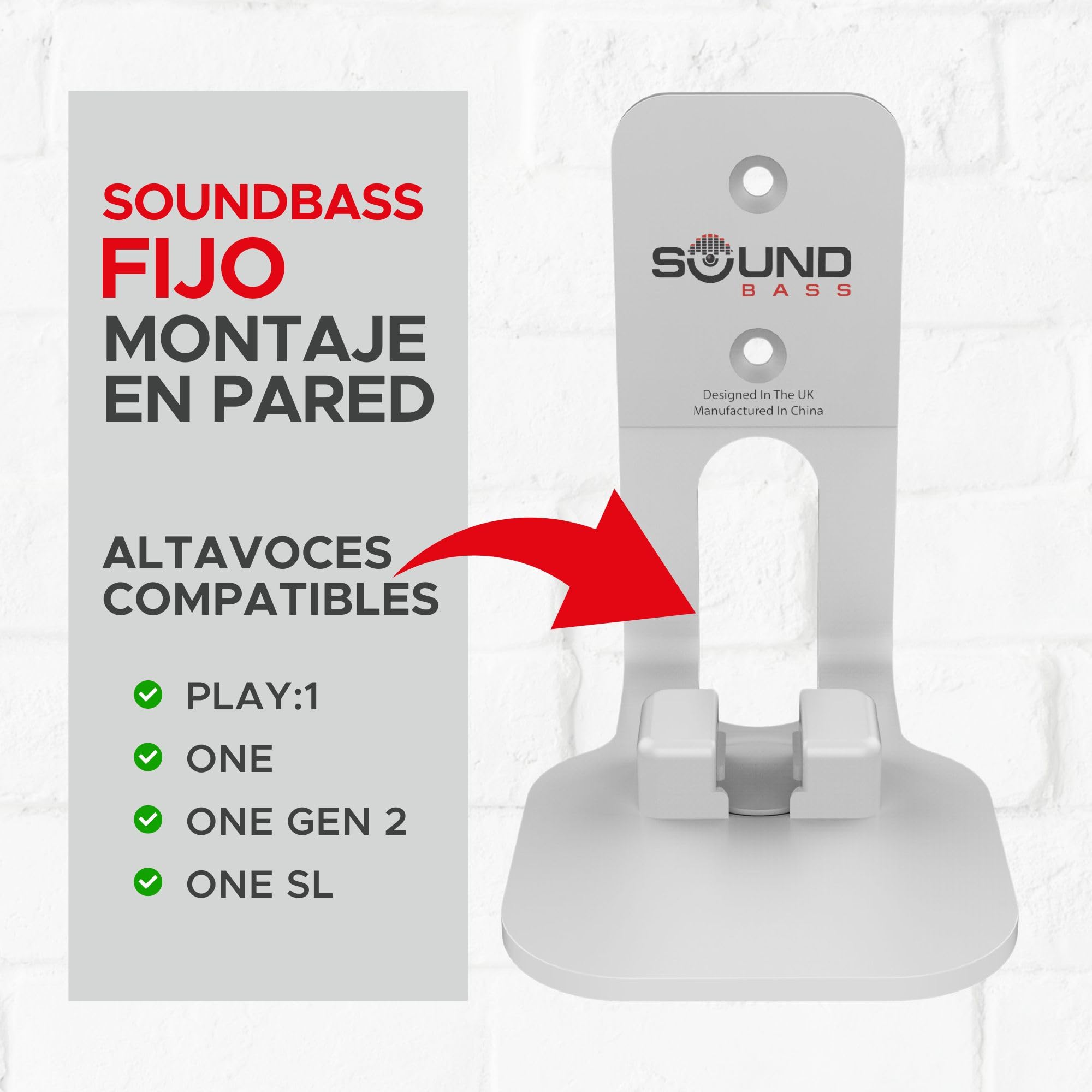 Sound bass One, Gen 2, SL & Play:1 Soporte de Montaje en Pared, Blanco, Compatible con Sonos One, Gen2, One SL & PLAY1 Speaker, Posición Fija