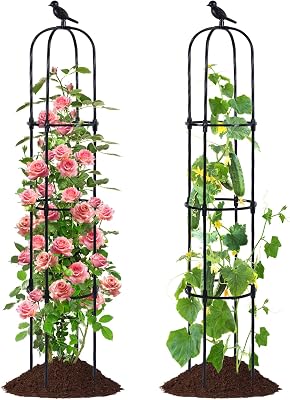 FOLLOOK Garden Trellis Obelisk for Climbing Plants, Lightweight Metal Plant Support for Roses Clematis Vines, Rustproof Decorative Trellis for Outdoor Garden Patio Planter, Black, 2 Pack