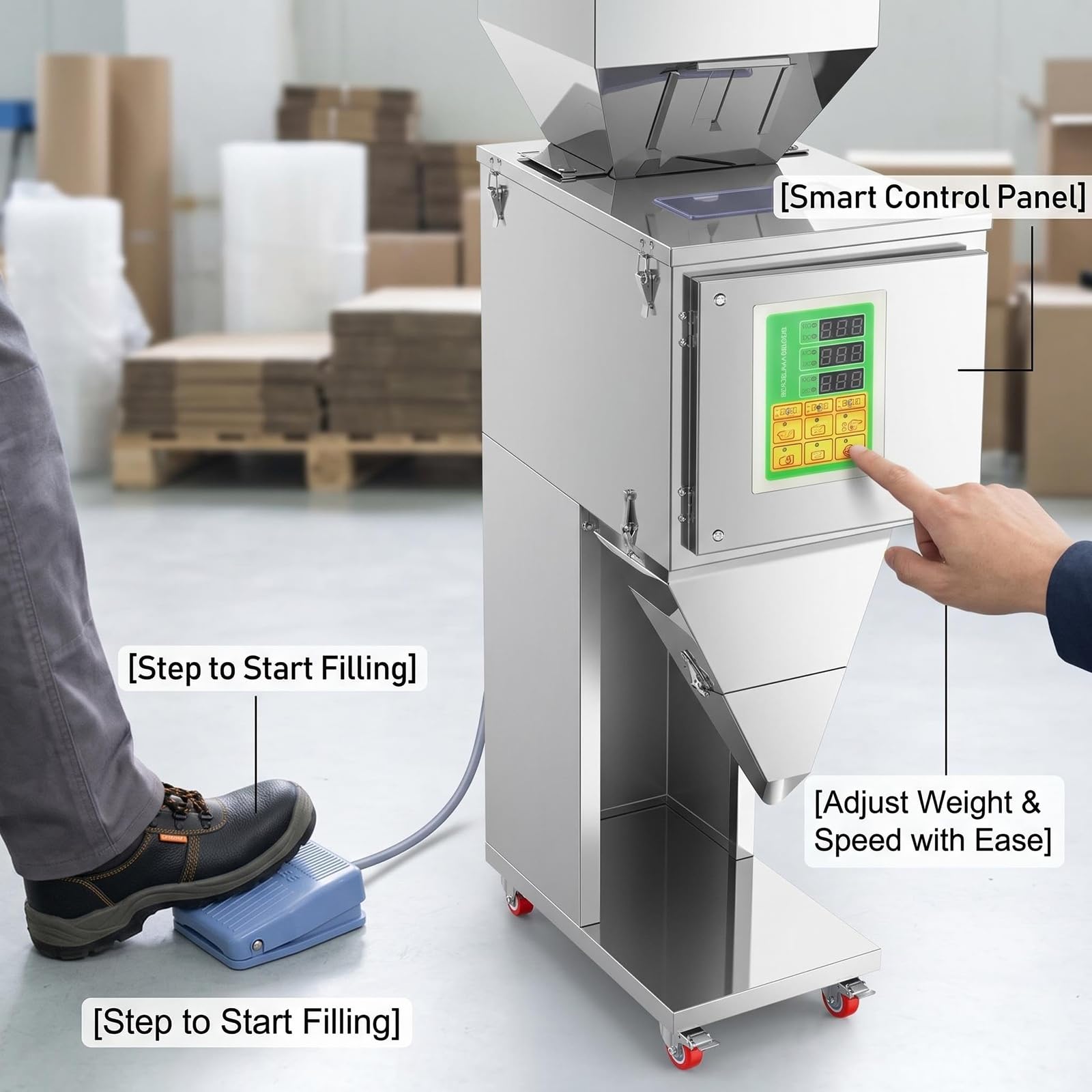 Macchina riempitrice e pesatrice automatica, in acciaio inox, per confezionamento di particelle, ideale per piccoli negozi al dettaglio. Riso, arachidi e granulati misti.