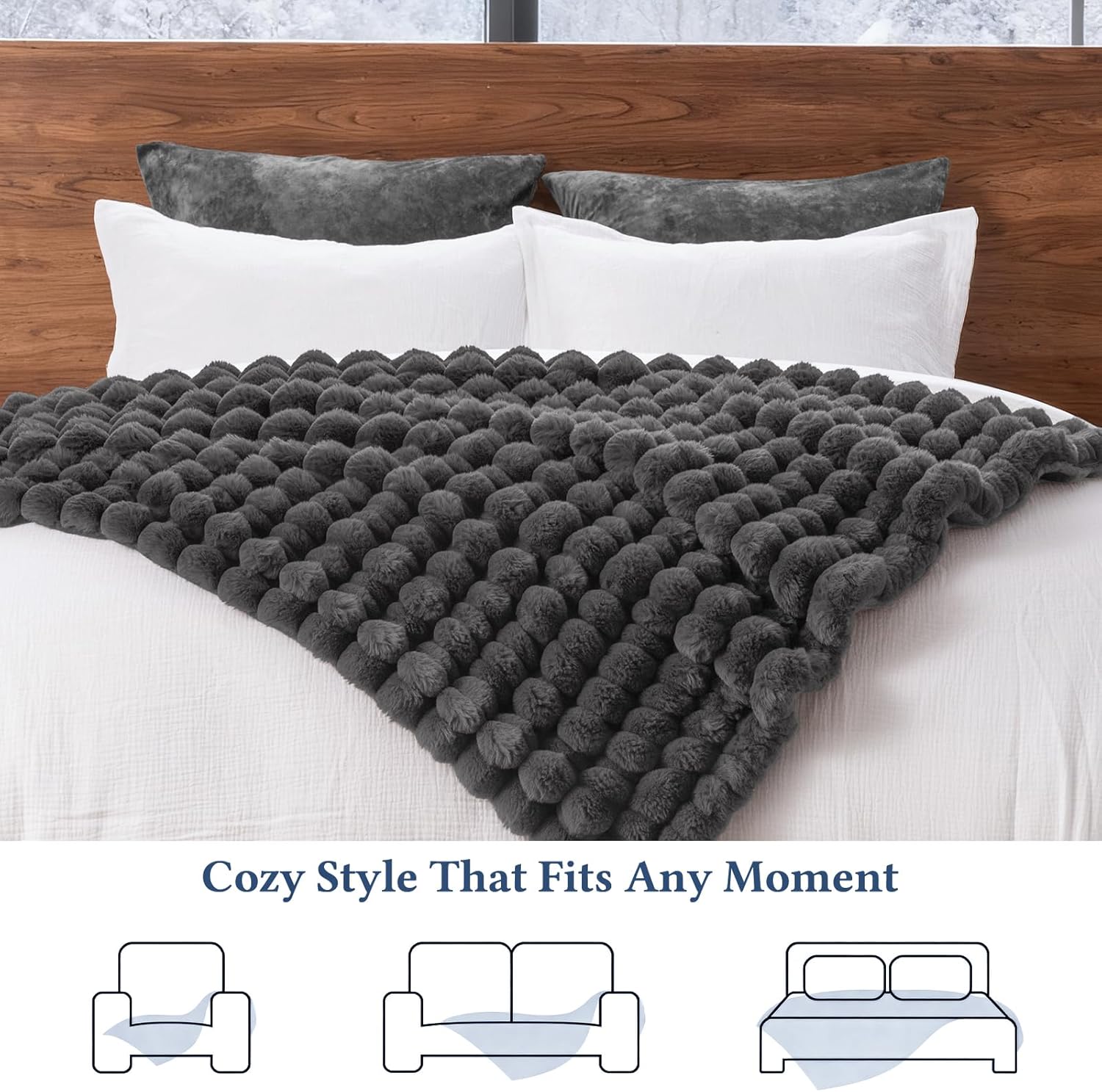 David's Home Reversible Faux Rabbit Fur Throw Blanket, Luxury Soft Thick Shaggy Warm Fuzzy Bubble for Couch, Bed, Cozy Plush Fluffy Decor for Fall Winter,Gull Gray,50 "* 60" - Image 8