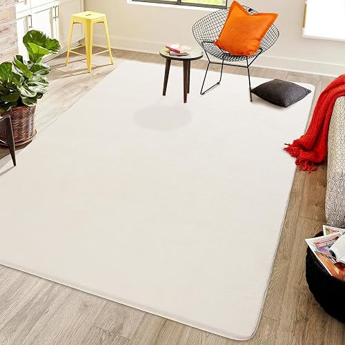 Softlife 4x6 Area Rug for Bedroom Living Room, Solid Non-Slip Fluffy Carpet with Soft Low Pile for Kids Boys Girls, Machine Washable Fuzzy Aethetic Rugs Home Dorm Decor, Creamy White