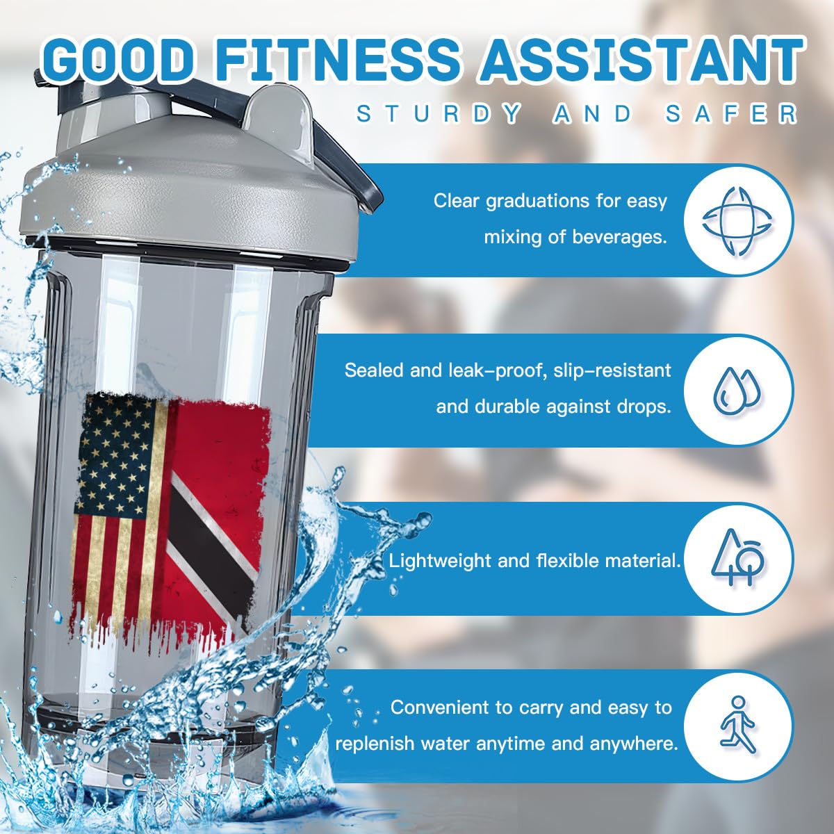 Vintage Trinidadian and Tobagoans Flag 8 18 Ounce Shaker Cup,Fashion Theme Pattern Shaker Bottle Leak-proof Workout Shake Bottles 500ML/18 oz Perfect for Pre Workout Gray 0