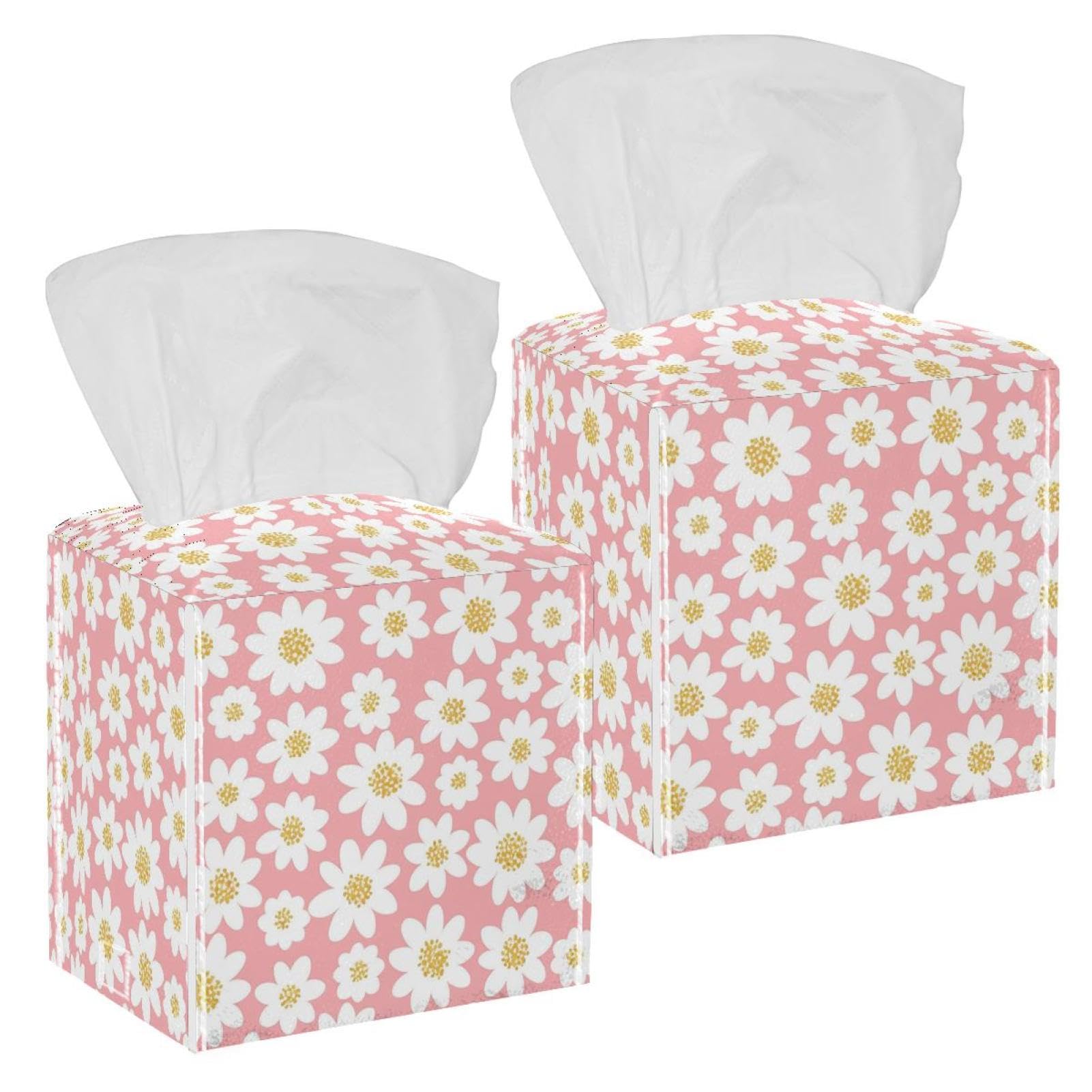 Daisy Tissue Box Cover, 2 Pack PU Leather Square Facial Tissue Dispenser Box holder for Home Office Car
