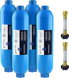 GLACIER FRESH RV/Marine Water Filter with 2 Flexible Hose Protector, Greatly Reduces Bad Taste, Odors, Chlorine and Sediment in Drinking Water, 4 Pack