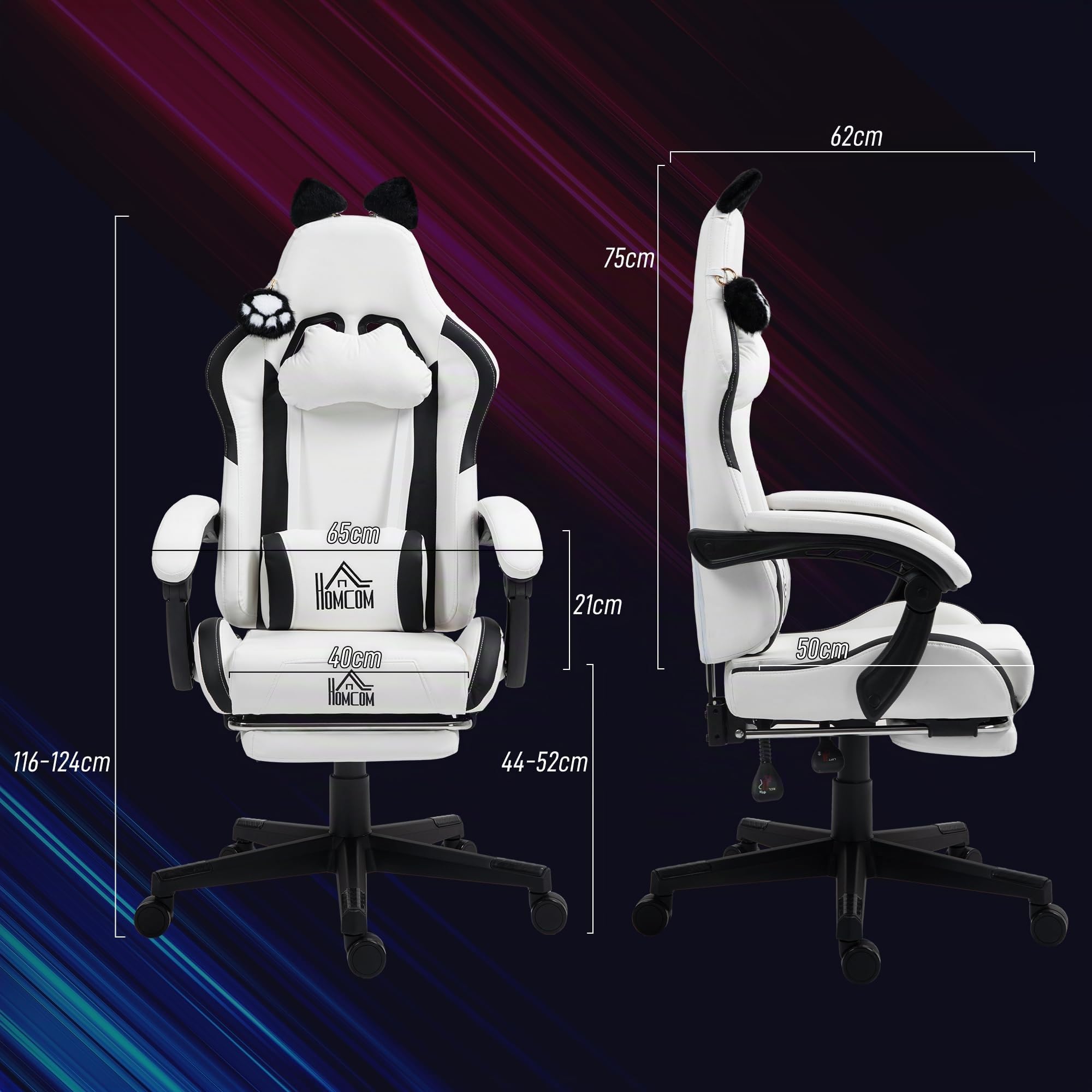 HOMCOM Chaise Gaming Ergonomique avec Oreilles de Chat Fauteuil Gamer Blanc
