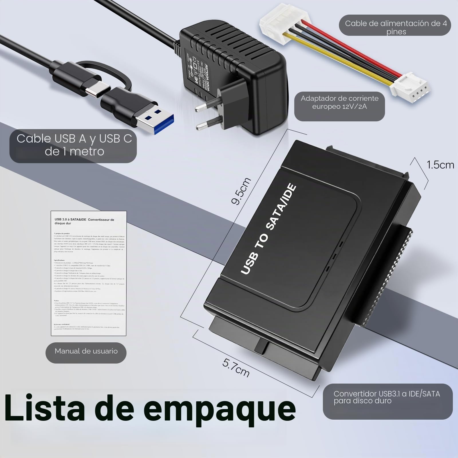 6Gbps Adaptador Lector Discos Duros USB3.1, Adaptador USB IDE para 2,5'' y 3,5'' IDEy SATA HDD/SSD,ConversorAdaptador de Disco Duro USB3.1 a IDE/SATA para Windows/Linux/MacOS