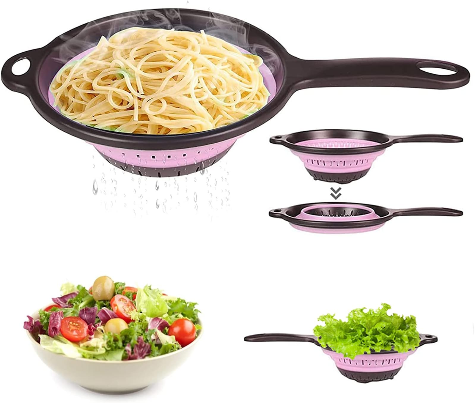 Esmartlife Kitchen Colander Strainer, Collapsible Silicone Colanders with Handles, Space-Saver Folding Strainer Colander for Draining Pasta，pink(Pack of 1)
