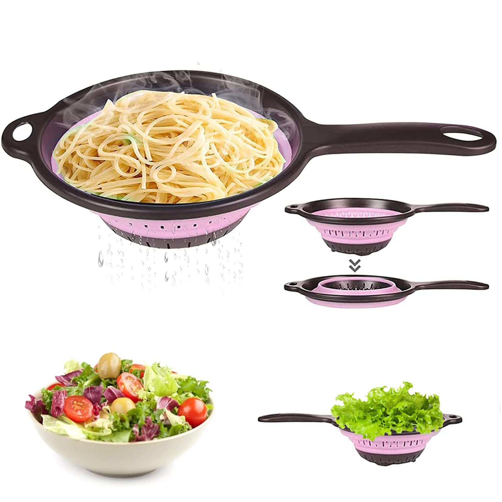 Esmartlife Kitchen Colander Strainer, Collapsible Silicone Colanders with Handles, Space-Saver Folding Strainer Colander for Draining Pasta，pink(Pack of 1)