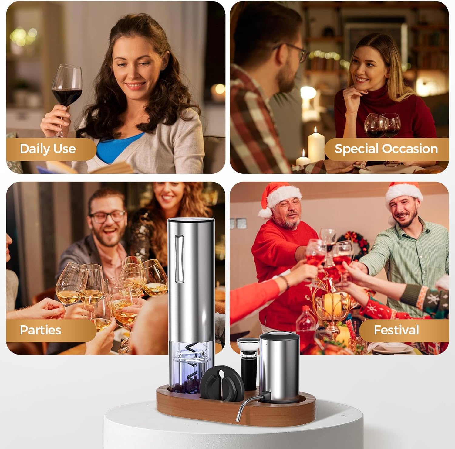 Rechargeable Electric Wine Opener 5-In-1 Set, Stainless Steel Automatic Wine Opener with Electric Wine Aerator, Foil Cutter, Wine Stopper & Base, Elegant Gift Box for Birthday, Housewarming, Christmas