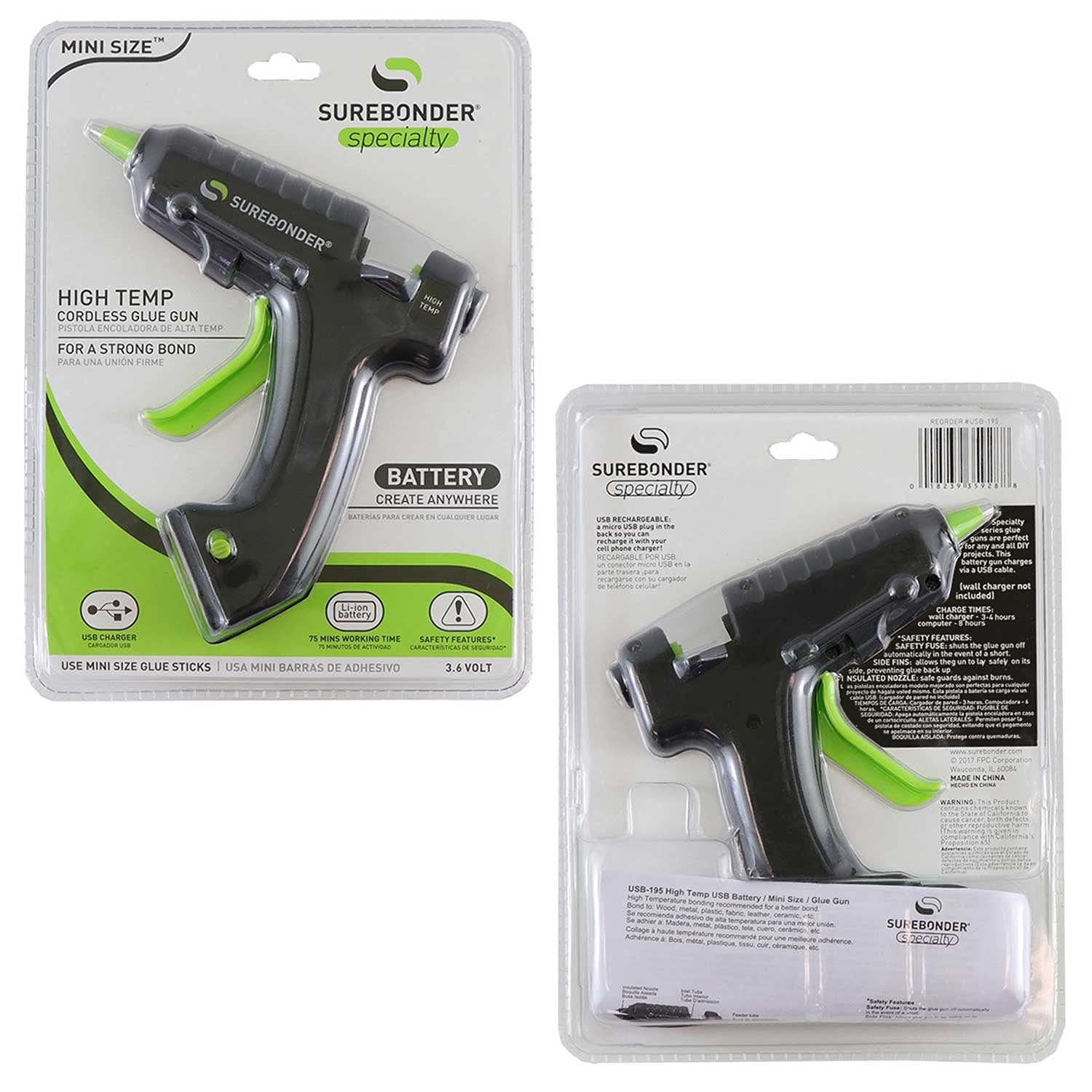 Surebonder USB-195 zasilany baterią mini rozmiar pistolet do klejenia na gorąco, wielokolorowy, 0,2 kg