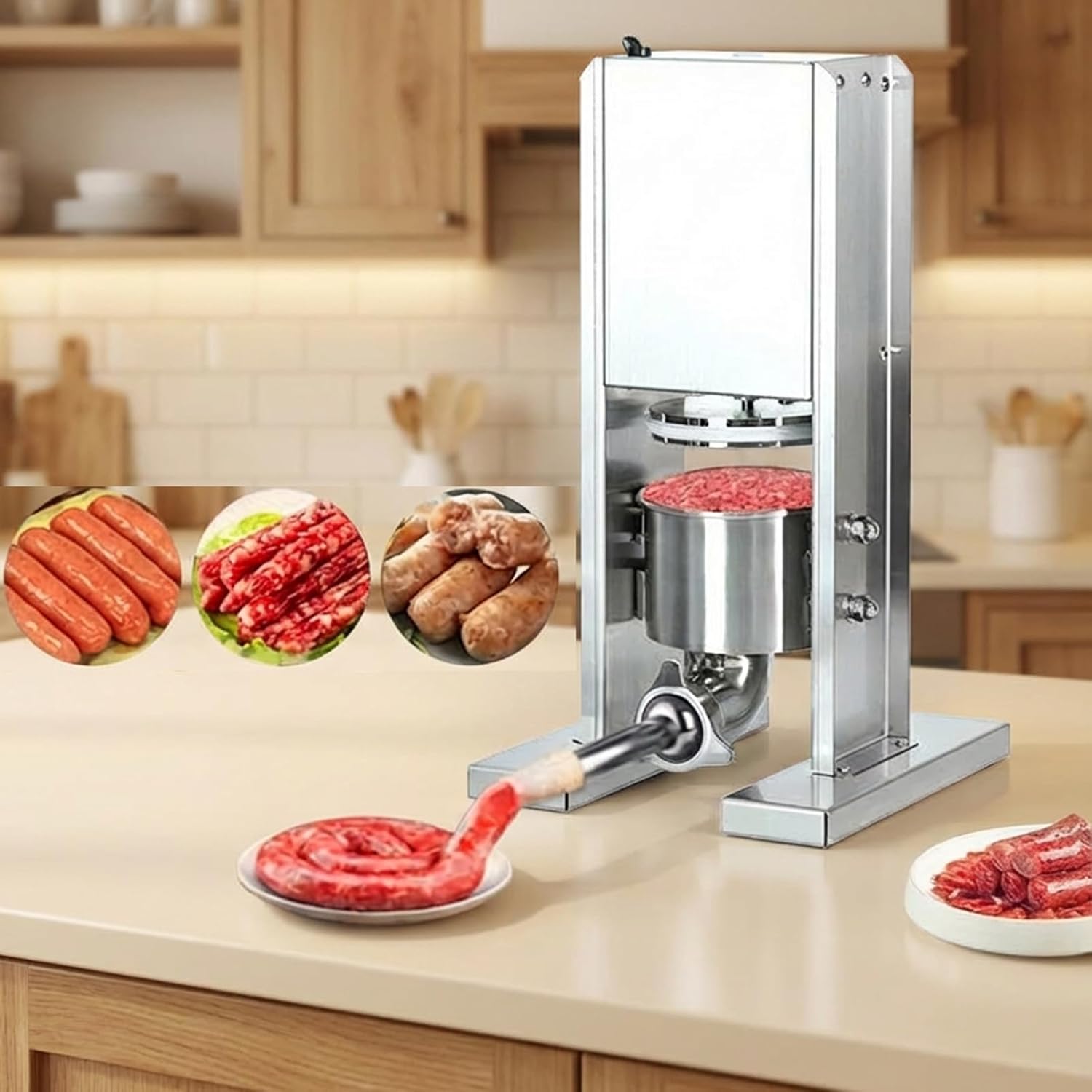 Electric Sausage Stuffer Machine, 2L Commercial Stainless Steel Vertical Sausage Maker with Foot Pedal Control, 3 Tubes & 1000N Force for Home Kitchen and Professional Restaurant Use