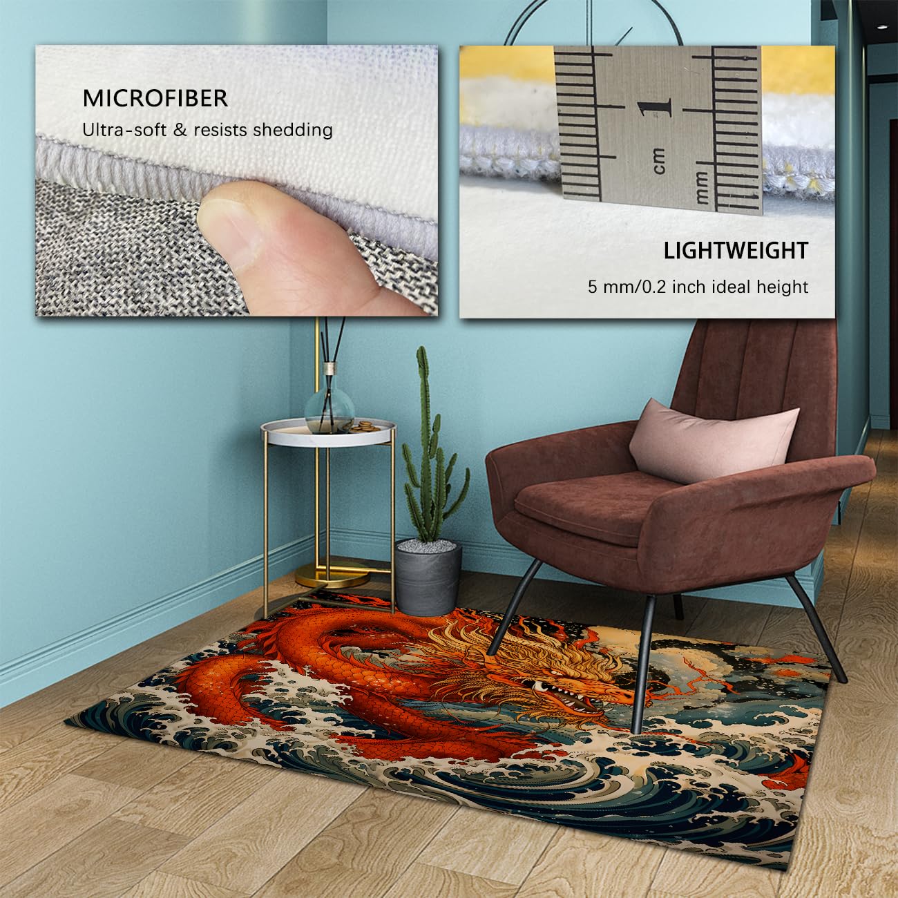 Tapis Zone Dragon Fantasy Tapis œuvres Vagues océan antidérapant Lavable Salon Chambre Salle Manger Cuisine Couloir Bureau Style Japonais Moderne Animaux Magiques 120x150cm