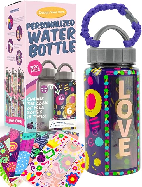 PURPLE LADYBUG Decorate Your Own Water Bottle Craft Kits for Kids with 6 Unique Shrink Wrap Designs - Creative Gifts for Girls Age 6 7 8 9 10+, Valentines Gifts for Kids & Easter Presents for Children