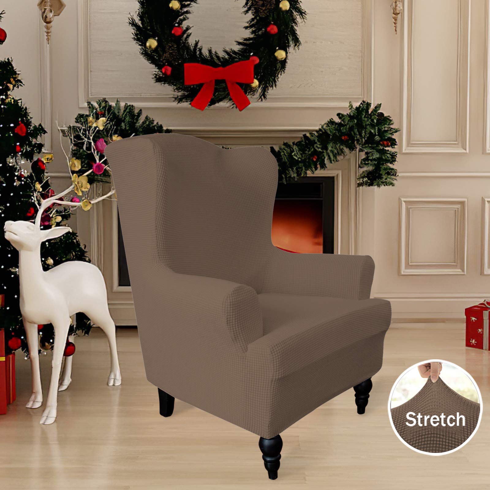 Easy-Going Stretch Wingback Chair Sofa Slipcover 1-Piece Sofa Cover Furniture Protector Couch Soft with Elastic Bottom Spandex Jacquard Fabric Small Checks(Wing Chair,Brown)
