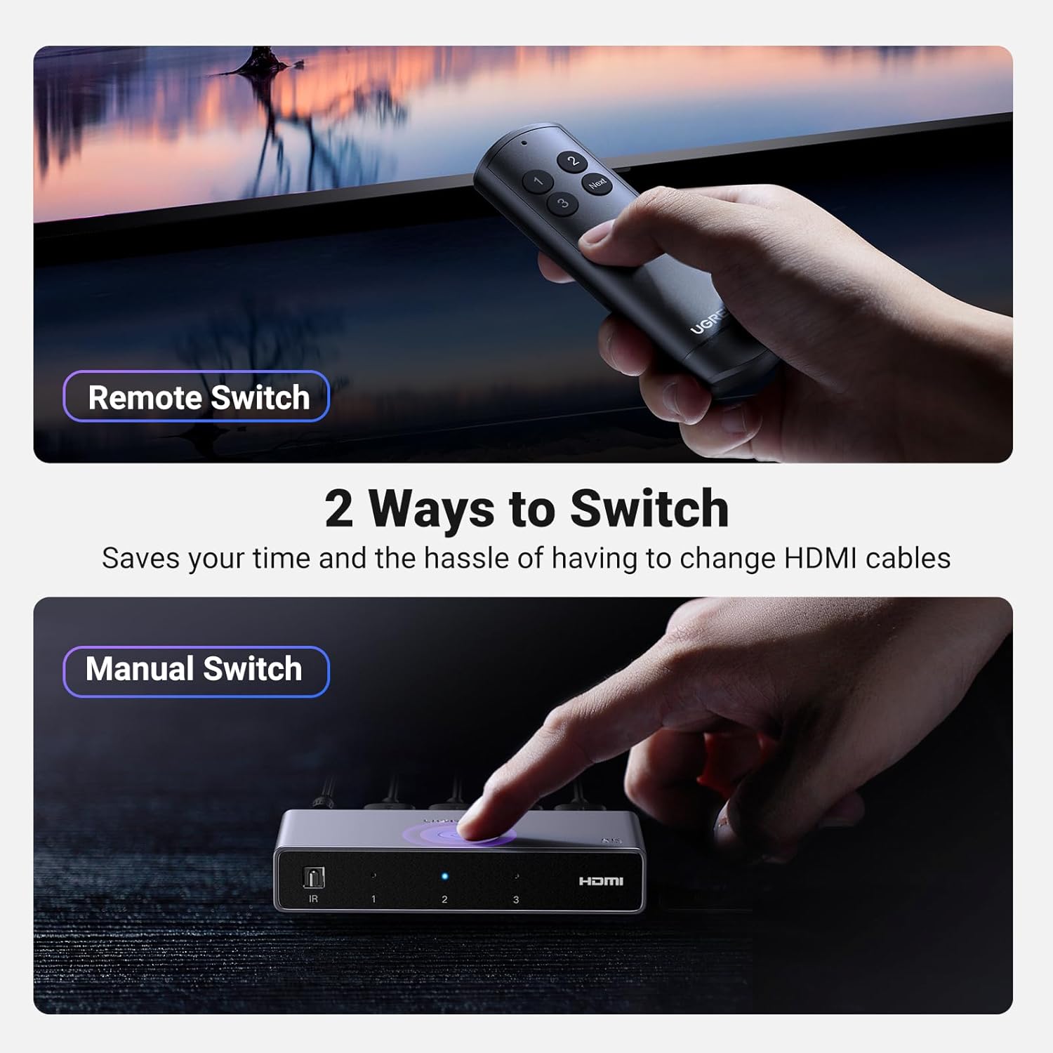 UGREEN HDMI 2.1 Switch Aluminum Ultra HD 8K@60Hz 3 in 1 Out HDMI Splitter with Remote Switcher Box Support 3D CEC HDR HDCP2.3 Compatible with PS4/3 Xbox Nintendo Switch Roku TV Fire Stick - Image 6