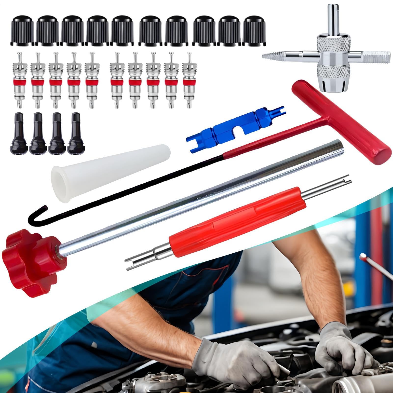 Generico Attrezzo per Rimozione Stelo Valvola - Kit Installazione Valvola Pneumatici da 30 Pezzi, Gancio A T A Cambio Rapido per Impieghi Gravosi, Durevoli per Auto | Strumento Professionale per La R