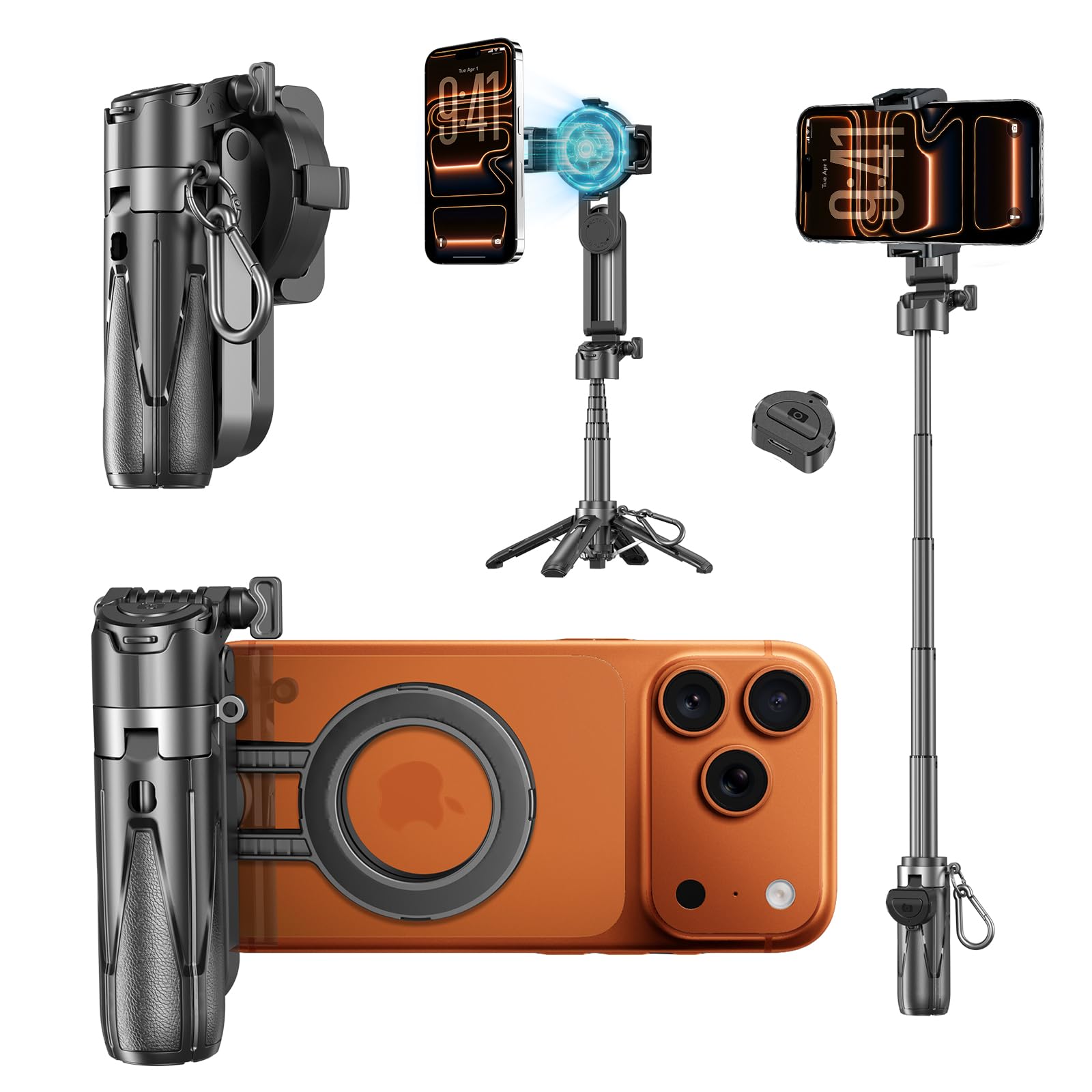 Bastone Selfie Con Magnetico E Morsetto A Molla, Treppiede per Cellulare Bluetooth 4 in 1, Impugnatura Per Telefono, Mini Quadrupode Telescopico Per iPhone/Android, Rotazione A 360 Gradi.