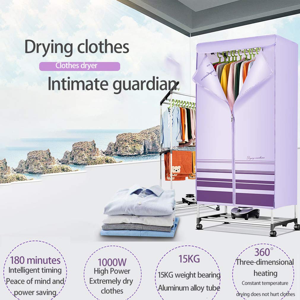 Tendedero Eléctrico Secadora De Ropa Portátil, Tendedero De Ropa De Bajo Ruido para Interiores, Armario Púrpura con Ruedas, 70x45x145cm.